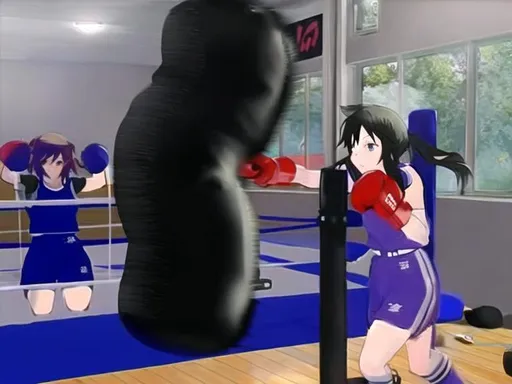 Prompt: Anime girl punching bag training 