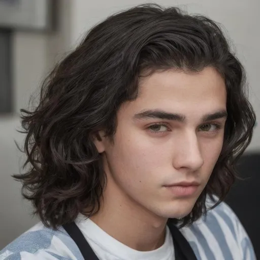 Prompt: Un joven masculino estadounidense de 18 años de edad con el pelo medio largo de color negro y ojos marrones