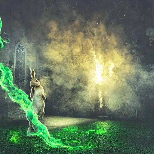 Prompt: long shot professional photograph, bunny burns a church, green flames, dark lighting, heavenly lighting, mysterious body of water, 3d render, highly detailed