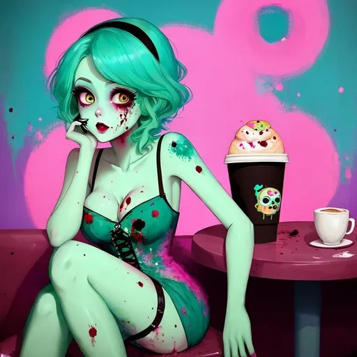 Prompt: Cute Pixar style painting of a beautiful zombie woman, pale green skin, pink hair, teal sky, sitting at a cafe, apocalypse, donut, latte, dirty, trash, eyeball, brains, blood spatter, muted color pallette