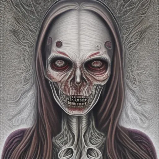 Prompt:  In the style of Alex Grey, a dead woman, Gray hair with blood stains, Gray-colored eyes, haunting look, sharp teeth