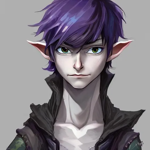 Prompt: In realistic style. Young male elf, with pale skin that gently hints at the blue veins underneath. He has very short but messy purple-black hair. His face is small and round, with childish features, and large silver eyes, and he wears a devilish smirk. He is very slender but short. His clothes are concealing leathers, in dark purple hues, with the sheen of a beetle's carapace. Above him flies a white owl.