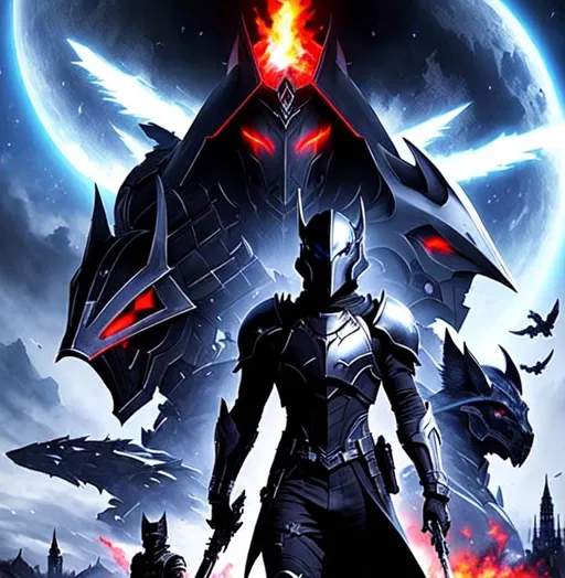 Prompt:  Sci fi movie poster
full body picture, Mena Massoud, Cubone bone mask, 1 male, sleeveless, black hair, brown eyes, battlefield, ethereal, black demon knight from FFXIV, epic, battlefield, helmet, ethereal, FFXIV black armor, jewelry set,handsome, royal vibe, Naomi Scott in center frame, castles on fire, spaceships on fire, highly detailed, digital painting, Trending on artstation , Naomi Scott in white armor, quality, tan skin,artgerm,  by Ilya Kuvshinov 