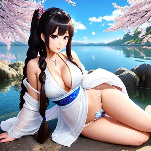 Prompt: A beautiful and lovely sweet japanese girl! She has a very nice bum. She has a hourglass body. Her hair is in braid style, and is thick, wavy and silked. She wears a transparent robe and a thong. THE year IS 2131. She wears a necklace. In water. Lake. Some gems, alexandrites, algodonites, barite, amber, amethysts, actinolites,  and diamonds compose this necklace. Some materials are deformable. Fantasy sci-fi art by Luis Royo and the girl has a big chest, the girl has heart-shaped bum and rounded buttocks,  vivid colors, luxury life, penrose patterns, holographic effects, heart details, iridescent butterflies, the girl has one leg slightly behind the other one, 
 volumetric lighting, spooky effect, light traveling, quantum entanglement technology, occlusion, Unreal Engine 5 128K UHD Octane, fractalized, fBm, crystal stalactites, mandelbrot, moebius strip