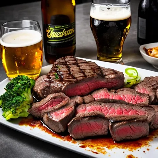 Prompt: Hyper realistic meal with rump steak and a beer on the side