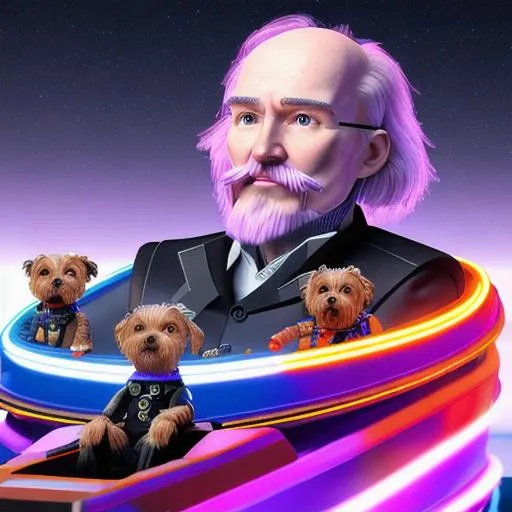 Prompt: image of cyborg Thomas hobbes with robot yorkie terrier on roller coaster, aliens and moon, beams of neon rays, ai render, smoke, water and ice, black mirror, time lapse