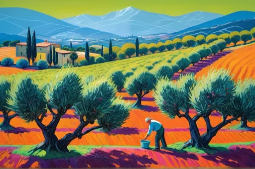 Prompt: (vibrant landscape of an Italian olive oil farm), (two middle-aged men harvesting olives), rolling green hills, majestic mountains in the background, (David Hockney style), bold colors, dynamic compositions, high contrast, (expressive brush strokes), warm sunlight illuminating the scene, lively atmosphere, (ultra-detailed), engaging and immersive, inviting viewers into the rural charm of olive harvesting.