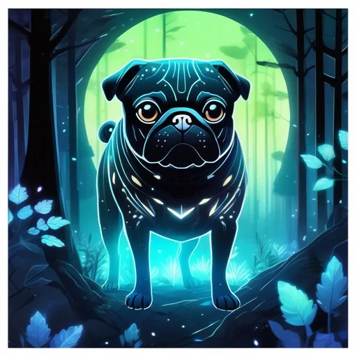 Prompt: A mythical translucent pug that is glowing, in a forest surrounded by bones, beneath the stars, bioluminescent, highres, best quality, concept art