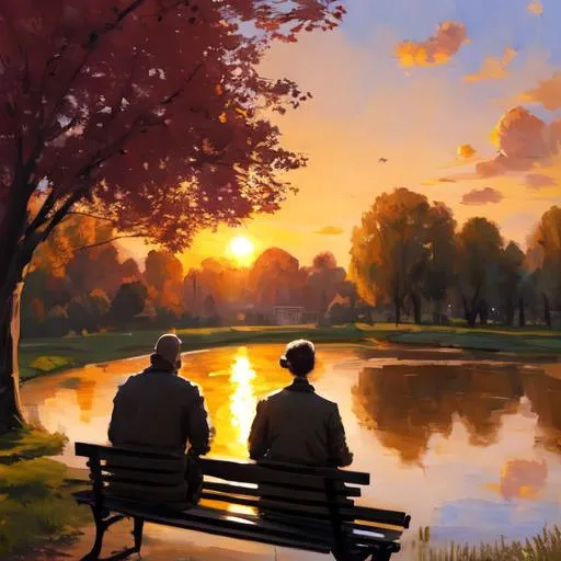 Prompt: Rear view of a couple sitting on a park  bench near a pond at sunset in the style of peder mork monsted