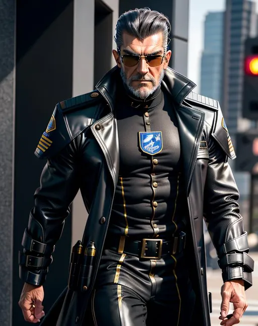 Prompt: perfect composition, bearded goatee {75 year old}, lean and muscular {gigachad Antonio Banderas}, {wearing futuristic trench coat and police gear}, extra masculine, peak fitness, determined expression, 8k eyes, detailed face, wlop, stanley artgerm lau, artstation, hd, octane render, hyperrealism intricate details, 8k, cinematic volumetric light, proportional, sharp focus, studio photo, intricate details, highly detailed, intricate artwork masterpiece, ominous, intricate, epic, trending on artstation, highly detailed, vibrant, production cinematic character render, ultra high quality model, 