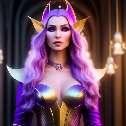Prompt: a 4k ultra high res hyper realistic  full body image of a beautiful and tall female elf with a symmetrical perfect face and  purple eyes, long silver hair and a white medieval gown and jewelry  with a background of a mythical purple forest