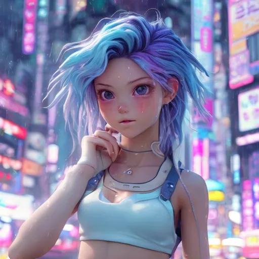 Prompt: New character. Waifu. Stunning. Cute. Dimples. Mesmerising . Pheromones. Innocent. Naive. Alluring. Young woman. beauty. Interesting eye makeup. Pastel coloured hair. Incredibly gorgeous. Sweet. Very Futuristic skimpy small tight clothes. Revealing. Realistic. Gritty. Detailed. Full body. Neo Tokyo background.