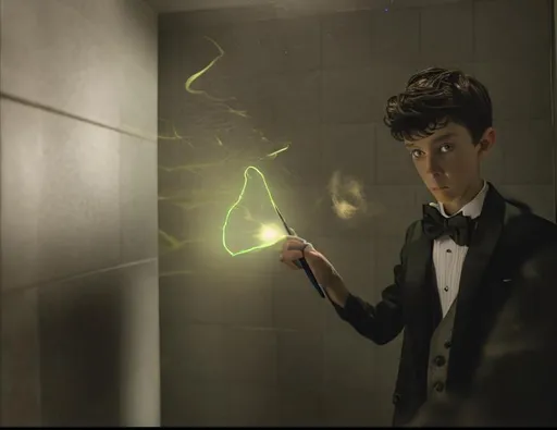 Prompt: 13 year old boy in a tuxedo casting a crazy magic spell from the outside of a bathroom stall with his magic wand, but the spell he cast happens on the inside of the bathroom stall because he cast the spell on the person inside who was warring a T shirt 
