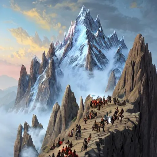 Prompt: Rugged mountain with warriors nearing the summit , fantasy setting 