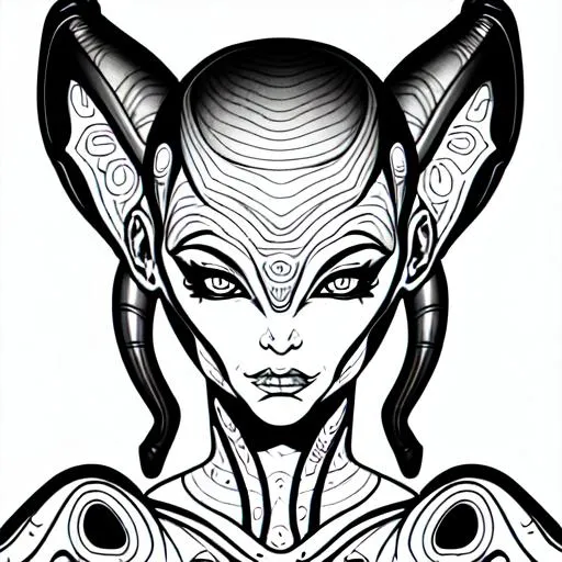 Prompt: Coloring page of female alien character portrait