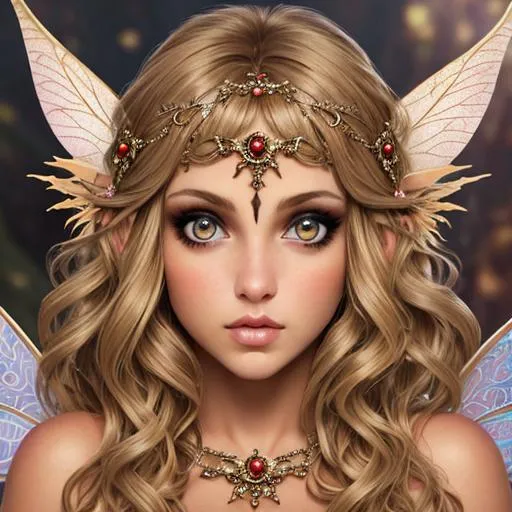 Prompt:  fairy goddess , beautiful skin ,large 
 brown eyes, dark blonde hair, facial closeup
