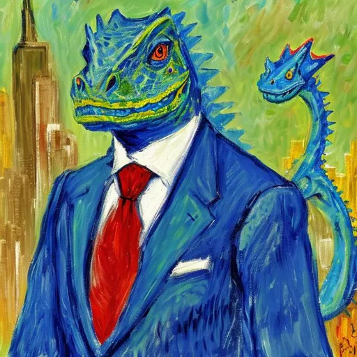 Prompt: blue handsome lizardman in New York wearing a business suit, Impressionism painting