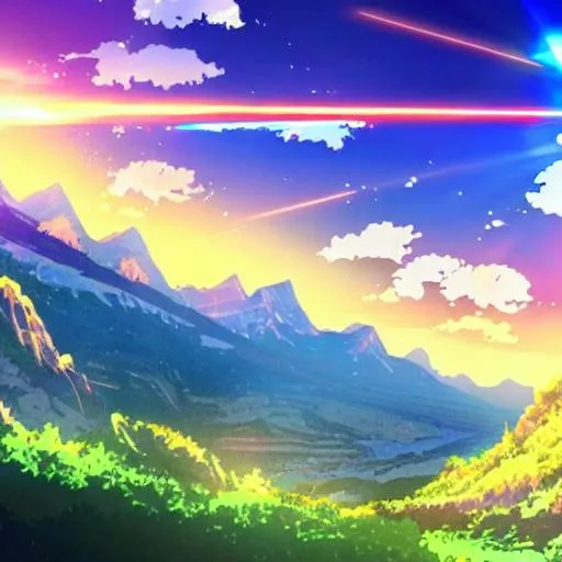 Prompt: Your name mountain scenery very big with ratio 1080×450, during sunset n good lens flare effect in anime style with vibrant colours and high quality 