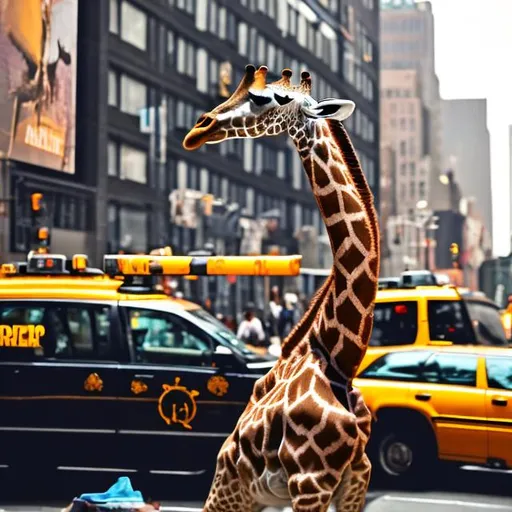 Prompt: A giraffe hailing a cab in NYC