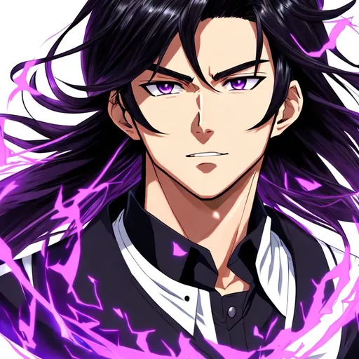 Prompt: man with medium dark hair down from Boku no hero ,black and purple aura, Boku no hero style, Kōhei Horikoshi style, manga
