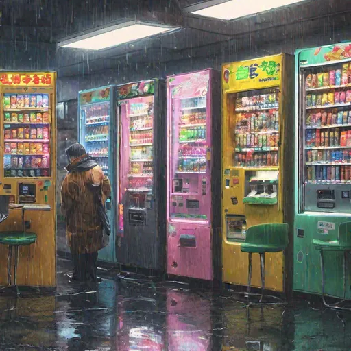 Prompt: vending machines in rainy tokyo. Inside of a store. photo-realism. table and chairs. lottery machine. customer. grumpy clerk behind counter. lots of fluorescent light. 