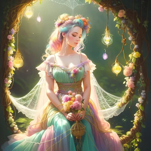 Prompt: painting of a beautiful girl, style of fragonard and Yoshitaka Amano (pastel hair with flowers, messy), ropes, brigfht, daytime, ((daytime forest background with light shafts)), bioluminescent, (wearing intricate pastel frock), vines, delicate, bright colors, soft, fireflies, (((spiders, spider webs, webs))), silk, threads, ethereal, luminous, glowing, dark contrast, celestial, ribbons, trails of light, 3D lighting, soft light