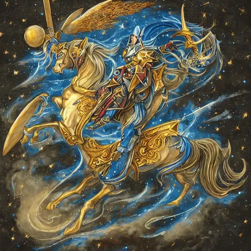 Prompt: celestial knight on mythical horse flying through the eternal cosmos shooting thunder with his sword