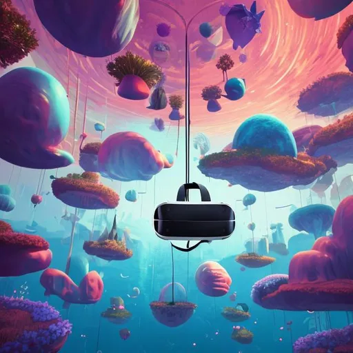 Prompt: An array of floating worlds representing VR experiences.