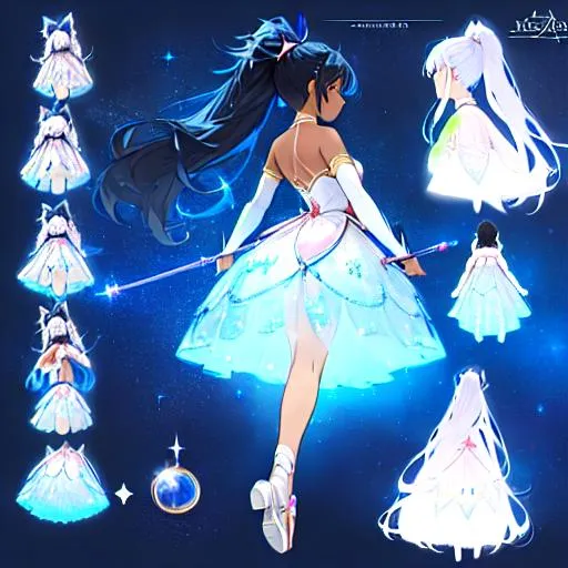 Prompt: A character sheet of an anime magical girl with  hair and dark skin, long hair, covered in stars. blue accents on outfit. holding a wand, Concept Art. puffy skirt. ballet inspired. Madoka magica inspired. reference sheet,   different poses, concept sheet, side profile, back proflie, beautiful face, ponytail, highly detailed, clear face and body