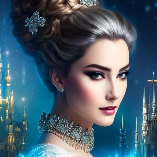 Prompt: head-on, bust, surreal cartoon,Stunning, glossy portrait of a stunning woman with silver and white hair pulled back into a bun, she is dressed like a cross between an Elizabethan princess and a high fashionista, metallic blue fabric fabric, dramatic jewelry, background is architecture lit by the moon,  trending on artstation