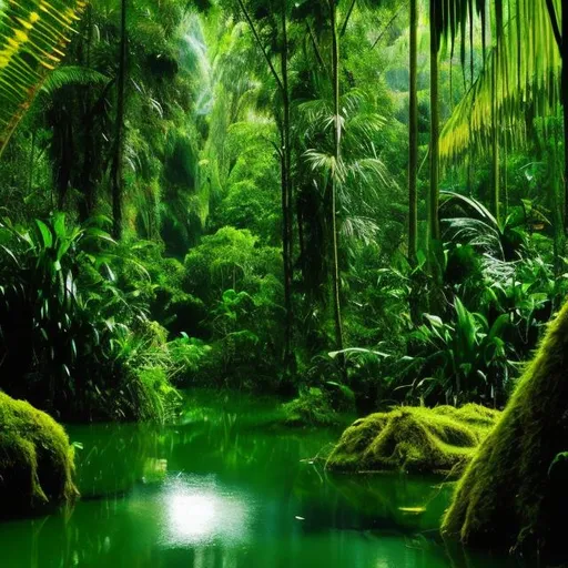 Prompt: A rainforest with lakes running through the rainforest 