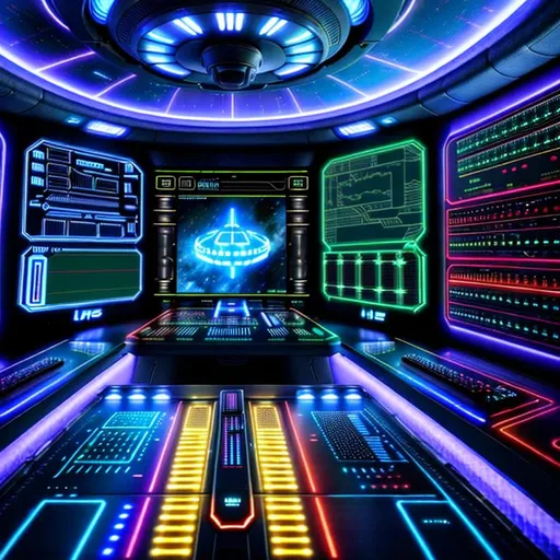 Prompt: An inside view of the USS Enterprise Spaceship, hyper-detailed {ultra-detailed: ((the main digital interface of command)), 
(the control panel device), 
(the boardscreen), (LED units), ((high tech equipment)), (engine station), (high tech design 3D, 4D)}
Unreal Engine 5, Octane 3D HDR, Behance 4D Cinema, CryEngine, Ultra HD 1024K, Unreal lighting, 
flawless shapes and lines, perfect image composition, hyperrealistic, wide-angle View, volumetric triadic chromatic, futuristic style, Sci-Fi design, digital art masterpiece, award winning image composition, harmony, clarity, order, proportions, symmetry, axis, rhythm.