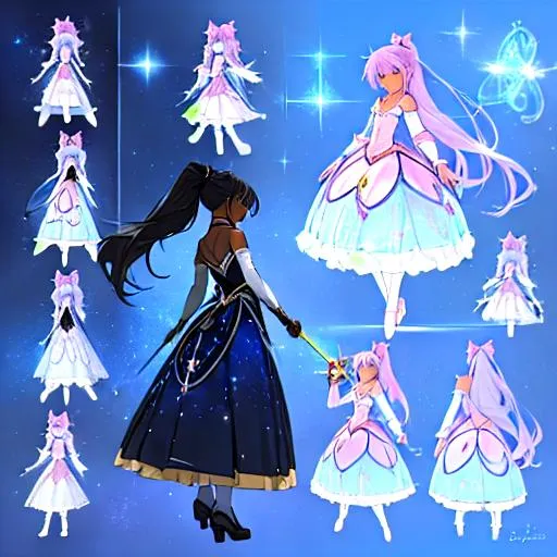 Prompt: A character sheet of an anime magical girl with  hair and dark skin, long hair, covered in stars. blue accents on outfit. holding a wand Concept Art. puffy skirt. ballet inspired. Madoka magica inspired. reference sheet, different expressions,  different poses, concept sheet, side profile, back proflie, beautiful face, ponytail, highly detailed, clear face and body