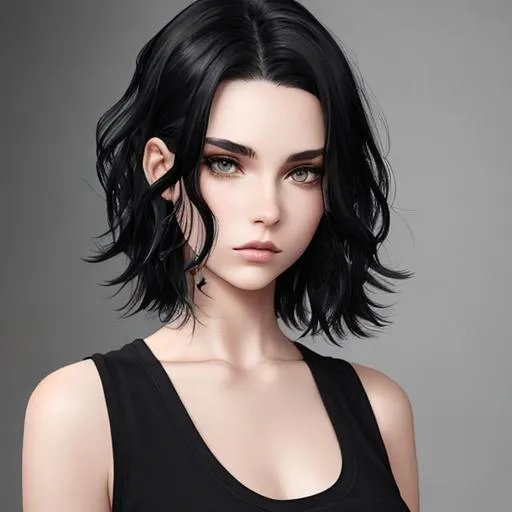 Prompt: edgy. insanely beautiful 16 year old girl. short wavy black hair with light grey undercut.  wearing an edgy black top and black jeans. perfect grey eyes. perfect anatomy. symmetrically perfect face. hyper realistic. heavenly beauty. award winning beauty.