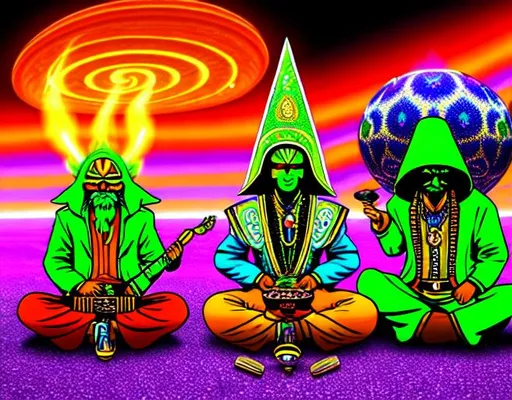 Prompt: extraterrestrial shaman on cannabis.dmt trip report hallucinogenic psilocybine.  Caterpillar smoking a hookah while sitting on a mushroocowboy smoking a hookah with good weed in it. cowboy has blazing red eyes.  tommy chong rolling on the ground laughlng.