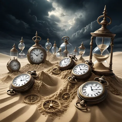 Prompt: Fantasy illustration of many timepieces turning into sand, dark clouds, magical atmosphere, mystical, highres, detailed, fantasy, timepieces turning into sand, dark clouds, magical atmosphere, mystical, fantasy style, detailed, atmospheric lighting
