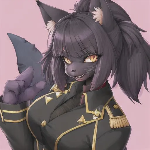 Prompt: A anthropomorphic Furry Cat Girl Fursona With Black Fur With purple stripes shark Fins In A military Uniform