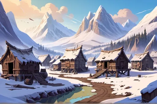 Prompt: Fantasy Illustration of a dingy settlement,  wooden sheds, muddy streets, entire settlement, immersive world-building, high quality, detailed, epic scale, fantasy, snow covered mountains background 