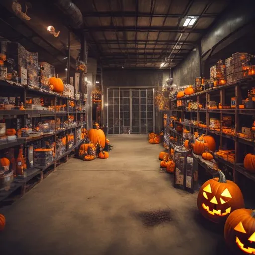 Prompt: halloween party inside of a warhouse between the pallets and shelves