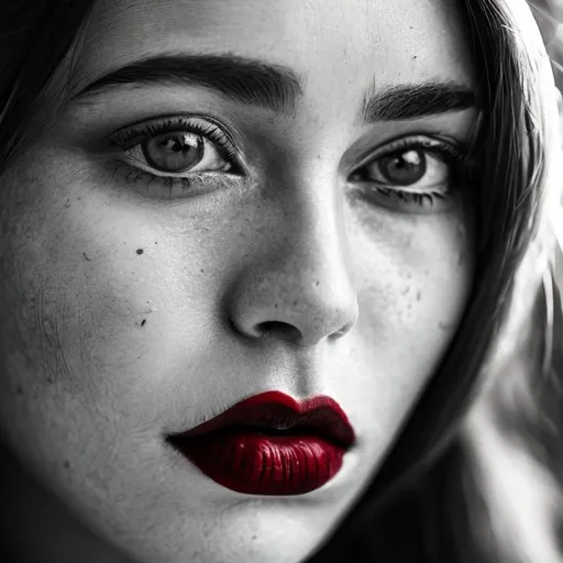 Prompt: Womans face in black and white portrait but her lips in blood red lipstick close up shot