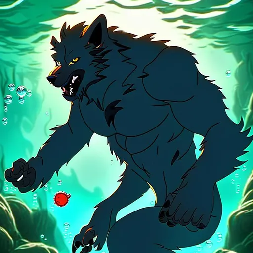 Prompt: Werewolf breathing out bubbles swimming underwater