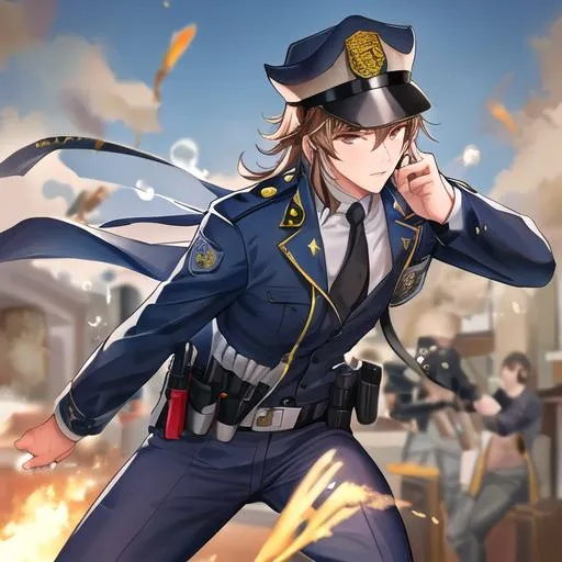 Prompt: Caleb as a police officer in a gunfight bullets flying
