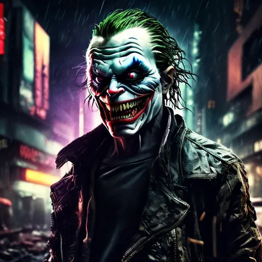 Prompt: Black, khaki and dark purple futuristic cyberpunk joker. Face scars. Sharp teeth. Tattoos. Muscular. Accurate. realistic. evil eyes. Slow exposure. Detailed. Dirty. Dark and gritty. Post-apocalyptic Neo Tokyo. Futuristic. Shadows. Sinister. Armed. Fanatic. Intense. Heavy rain. Explosion. Burning car in background