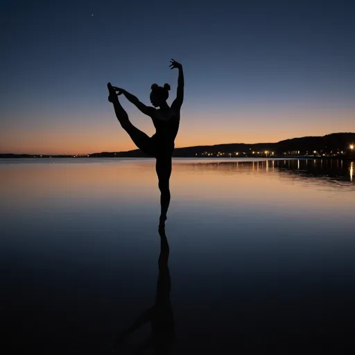 Prompt: gymnast silhouette by waters edge at night