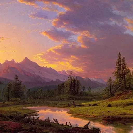 Prompt: Sunset, distant mountain waterfall, open field, landscape, beautiful artwork by ivan shishkin