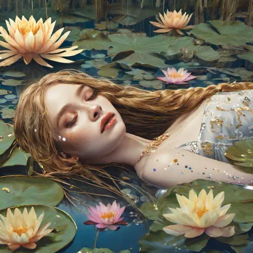 Prompt: A young girl with long, flowing gold hair is laying in reeds and surrounded by water lilies, UHD, HD colour, freckles, decal, silver jewels, flared eyelashes 