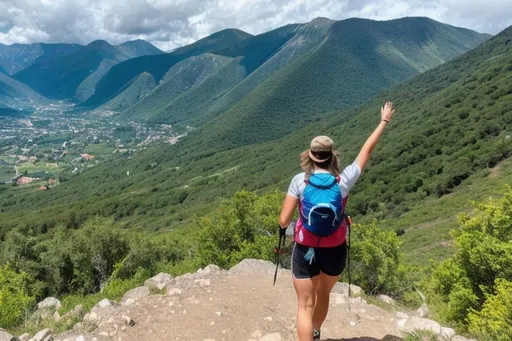Prompt: A girl Hiking to the top of a mountain. Waving a Pride flag.
In the background is a valley with a village.