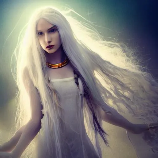 Prompt: holy priestess with light powers, female, long white hair, colors gold white, soft, high fantasy, intricate, delicate, highly detailed, 8 k, hdr, full body, smooth, sharp focus, high resolution, award - winning photo

