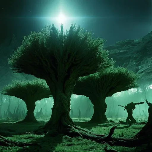 Prompt: Aliens clearing trees in an alien forest, in the style of Star Trek. {Star Trek: The Next Generation}
