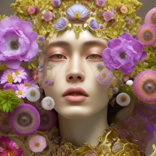 Prompt: The flowers that in bloom were strange but gorgeous, detailed scene, digital painting, hyperrealistic, fantasy, Surrealist, by Ciro Marchetti and Stanley Artgrem Lau, artstation, highly detailed, sharp focus, floral, stunningly beautiful, peaceful, iridescent gold, cinematic lighting, light